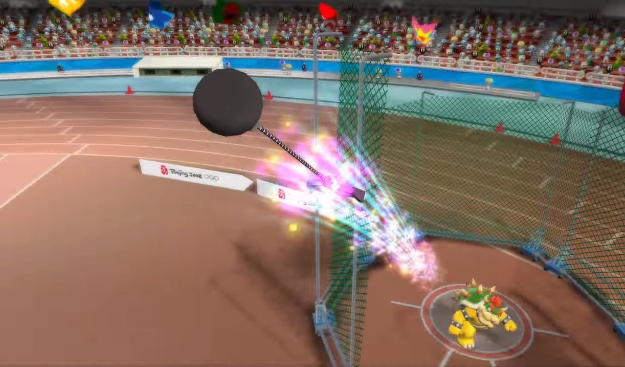 Image of Bowser from Mario Summer Olympic Games throwing Hammer. Click image for link to information about Hammer Throw.